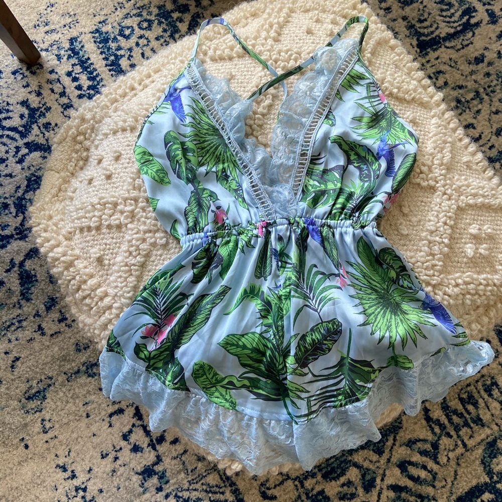 Missguided satin tropical print lace trim teddy